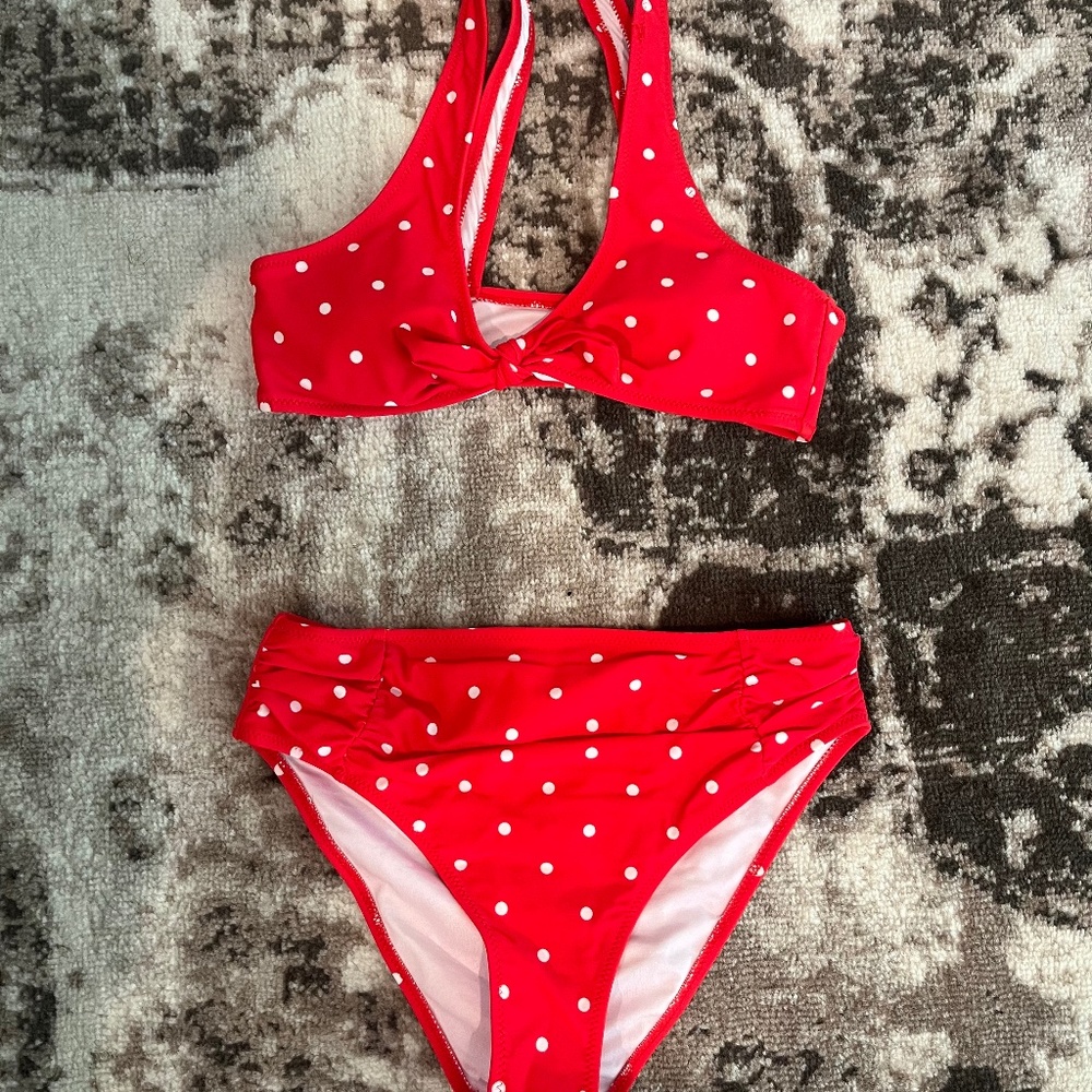 Two piece red with white polka dots